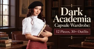 Dark Academia capsule wardrobe featuring a woman in a vintage library with 12 essential pieces and 30+ outfit ideas