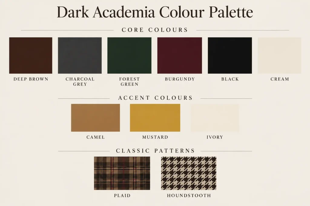 Dark academia colour palette featuring deep brown, charcoal grey, forest green, burgundy, black, cream, camel, mustard and ivory