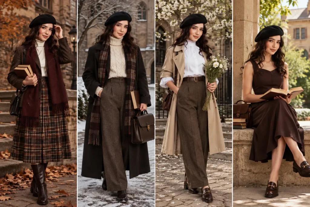 Dark academia outfits for autumn, winter, spring and summer featuring seasonal layers and classic neutral pieces