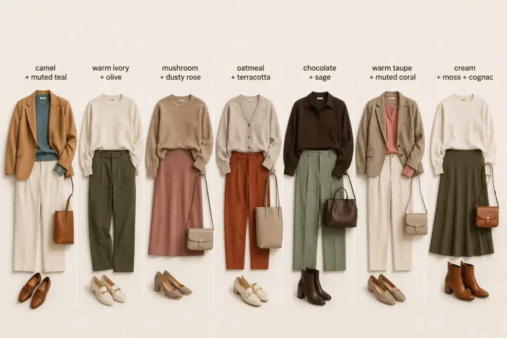 Soft Autumn outfit combinations using camel, muted teal, olive, dusty rose, terracotta, sage and other warm colors