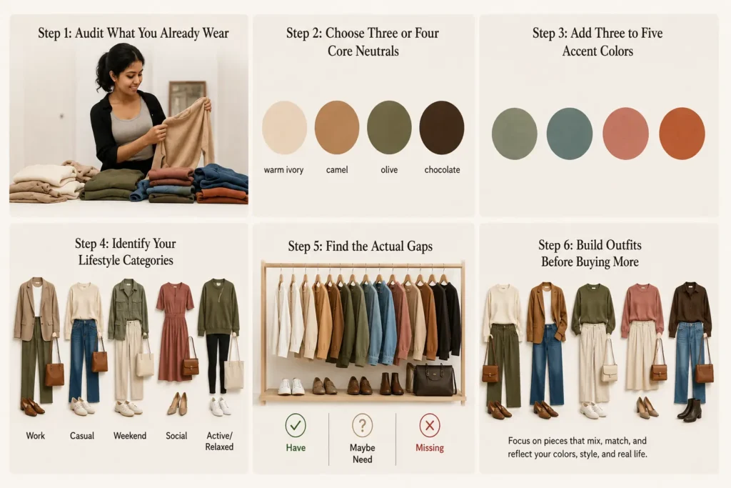 How to build your own Soft Autumn capsule wardrobe with warm neutrals, muted accent colors and versatile clothing pieces