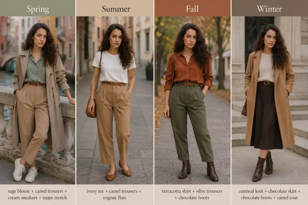 Soft Autumn capsule wardrobe outfits for spring, summer, fall and winter in warm muted seasonal colors