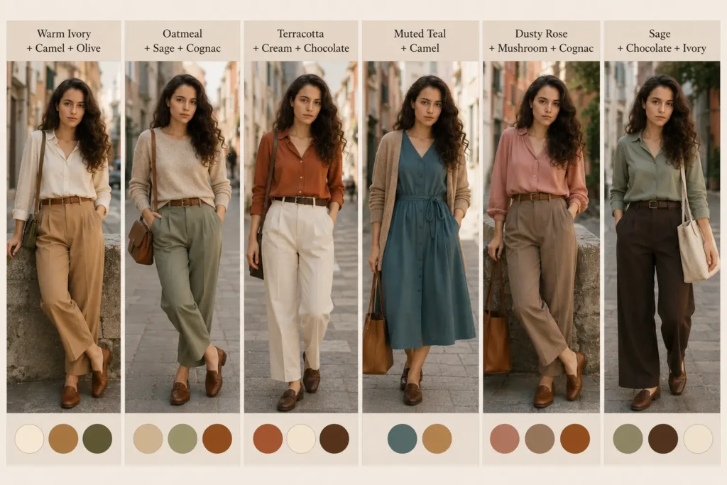 Six Soft Autumn color formulas with warm ivory, camel, olive, sage, cognac, terracotta, muted teal and dusty rose outfits