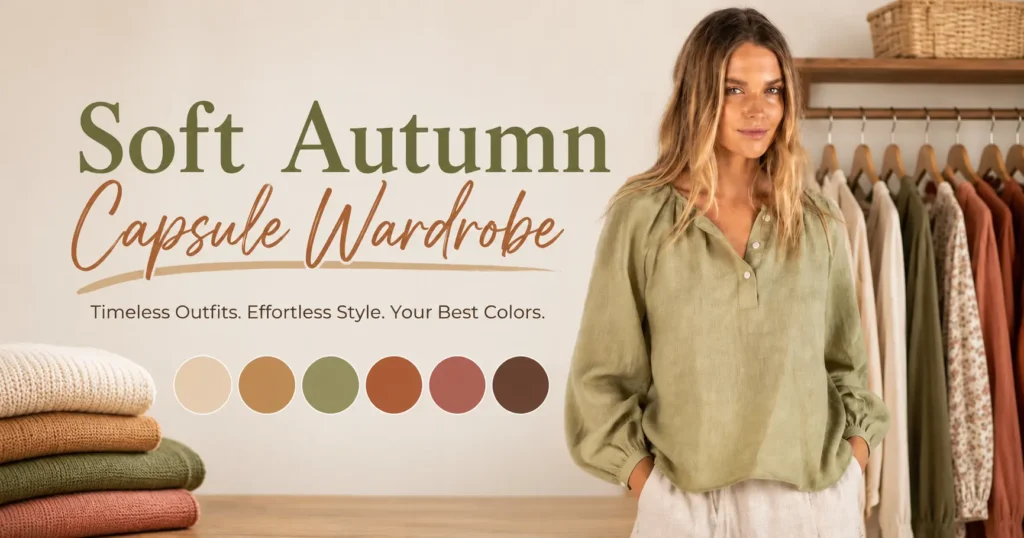 Soft Autumn capsule wardrobe featuring a sage blouse, warm neutral clothing and a muted autumn color palette
