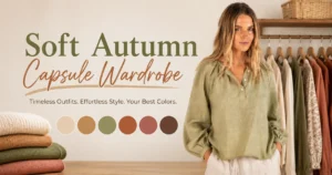 Soft Autumn capsule wardrobe featuring a sage blouse, warm neutral clothing and a muted autumn color palette
