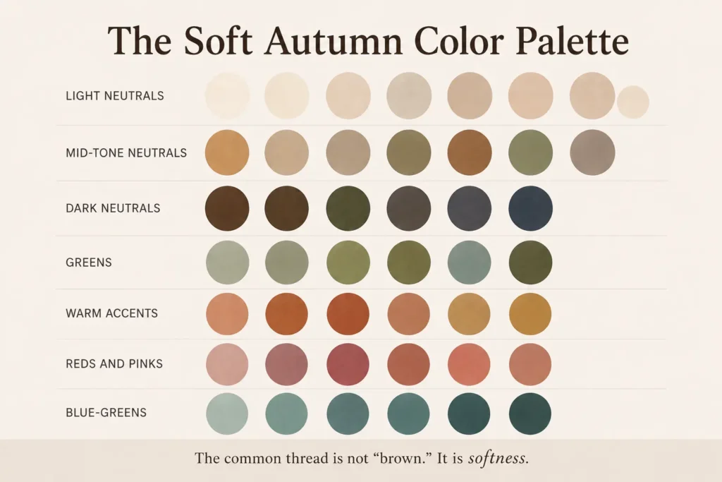 Soft Autumn color palette featuring warm neutrals, earthy greens, muted reds, pinks and blue-green shades