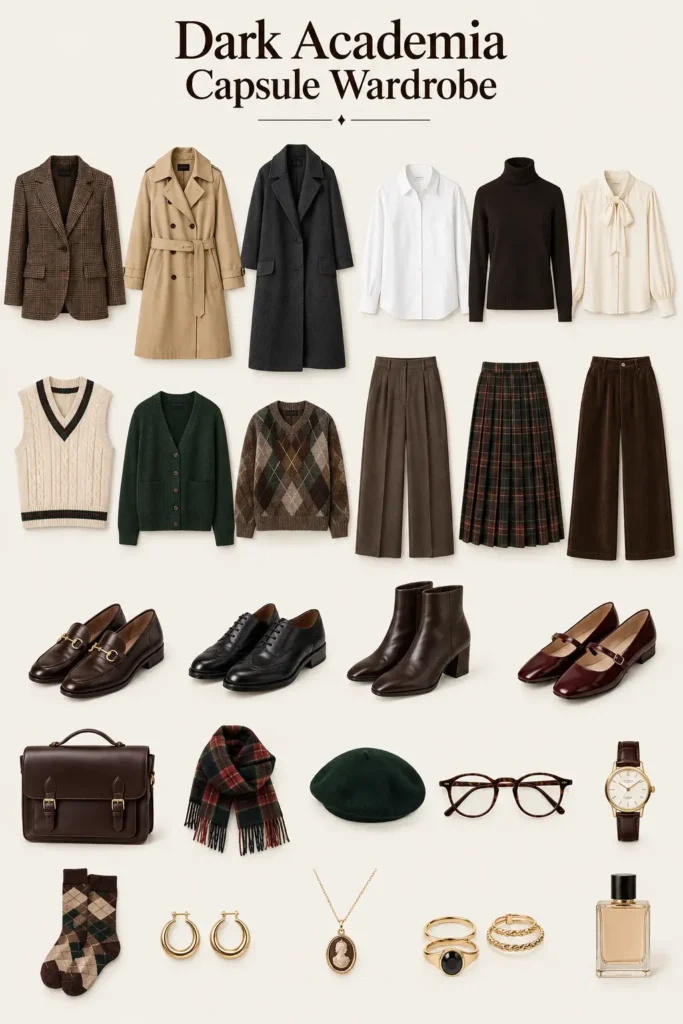 Dark academia capsule wardrobe essentials featuring classic outerwear, knitwear, shirts, trousers, skirts, shoes and vintage-inspired accessories