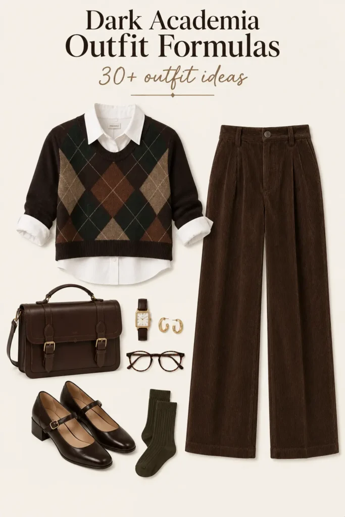 Dark academia outfit with rolled-sleeve Oxford shirt, argyle sweater, corduroy trousers and Mary Janes