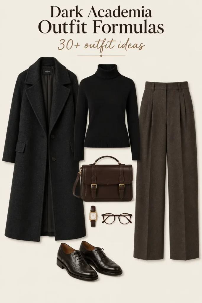 Dark academia winter outfit with black turtleneck, long wool coat, tailored trousers and Oxford shoes