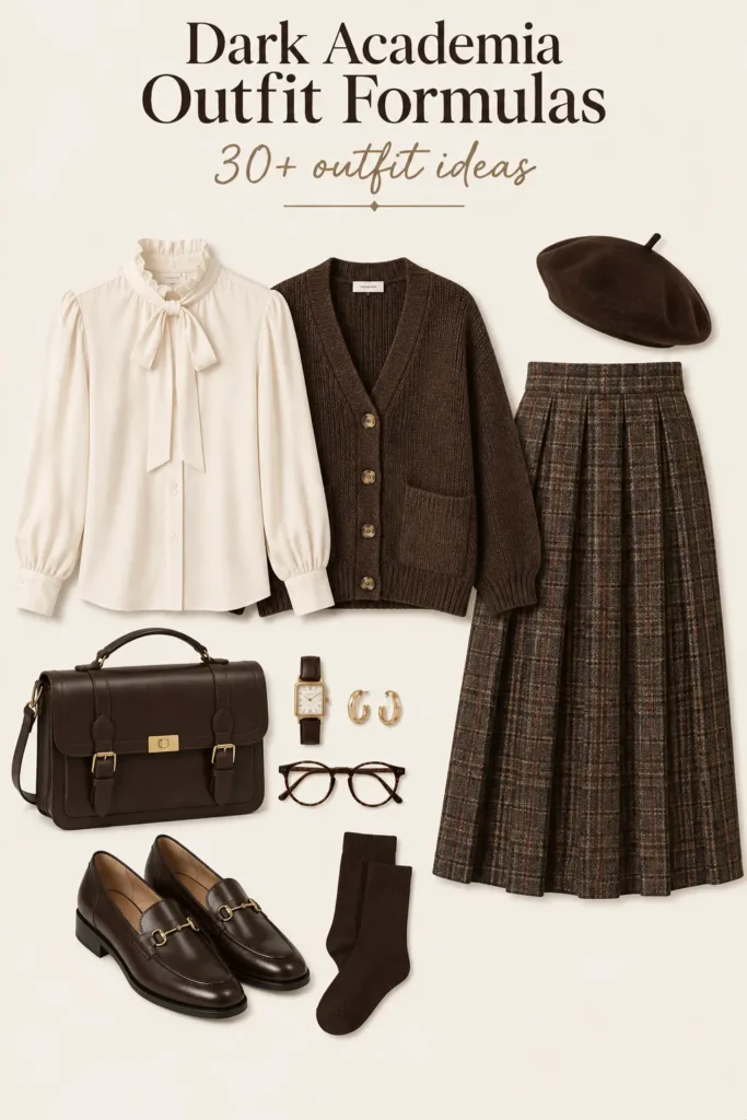 Dark academia outfit with cream blouse, brown cardigan, pleated plaid skirt, tights, loafers and beret