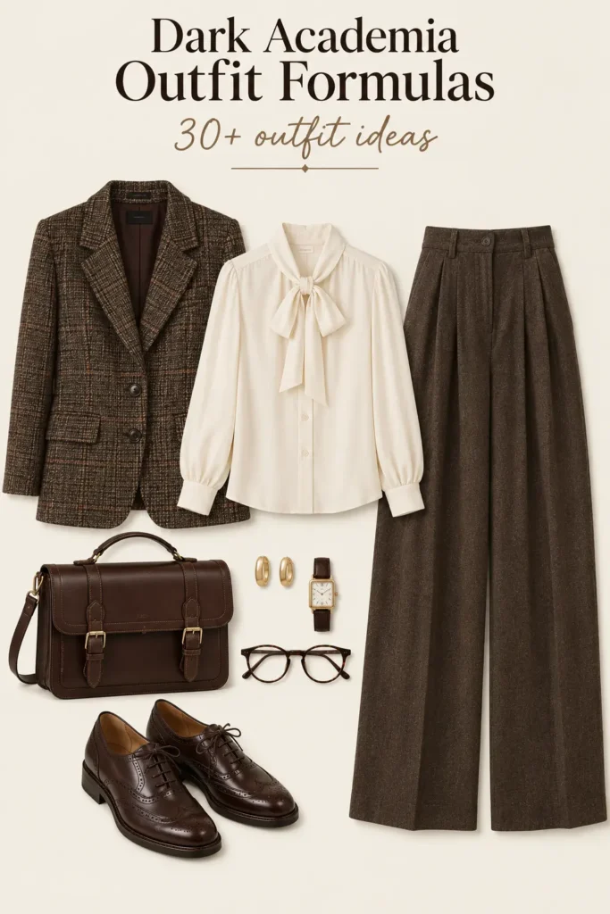 Dark academia outfit with cream blouse, tweed blazer, wide-leg trousers, brogues and leather satchel