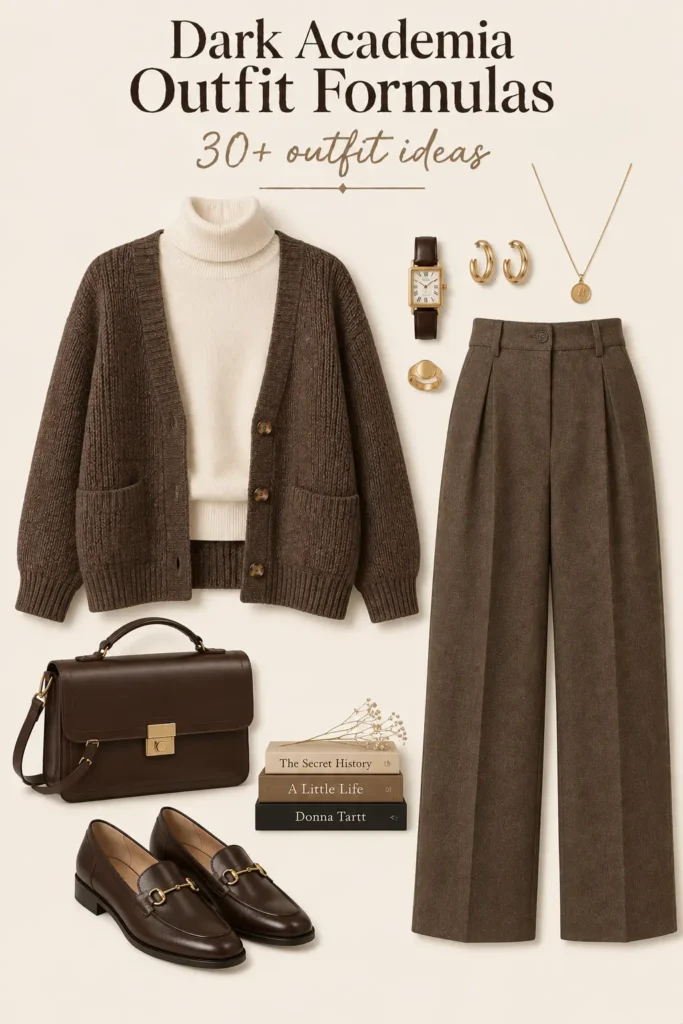 Dark academia outfit with cream turtleneck, brown cardigan, tailored trousers, loafers and gold jewellery