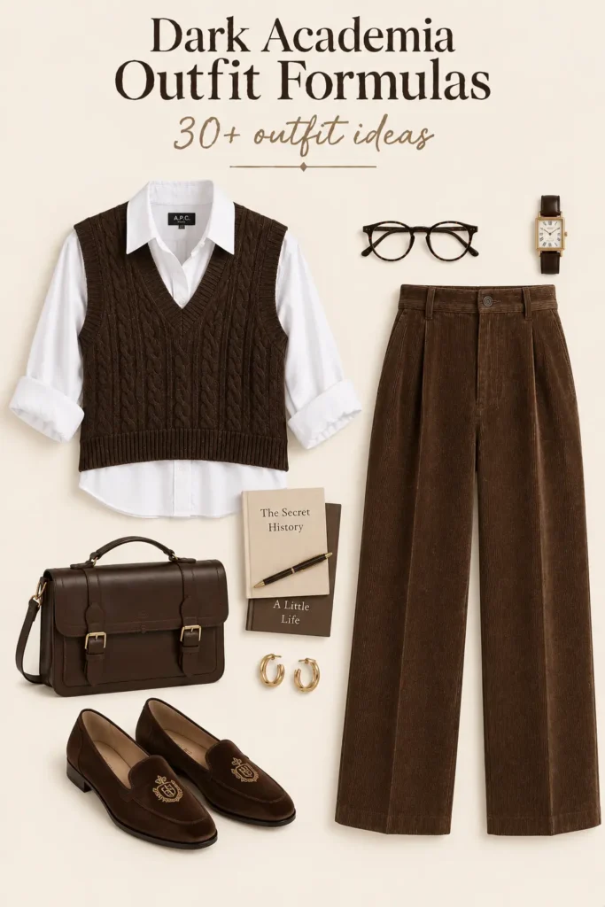 Dark academia outfit with Oxford shirt, brown knit vest, corduroy trousers and classic loafers