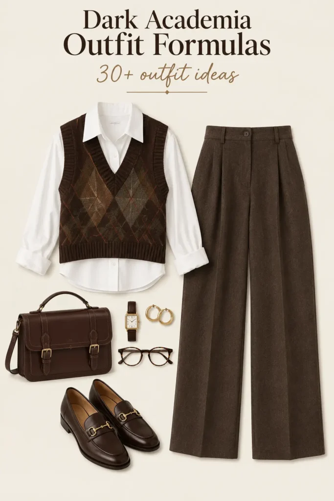 Dark academia outfit with Oxford shirt, knit vest, high-waisted trousers and brown loafers
