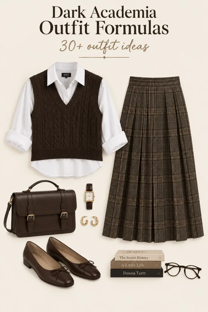 Dark academia outfit with Oxford shirt, sweater vest, plaid midi skirt and brown flats