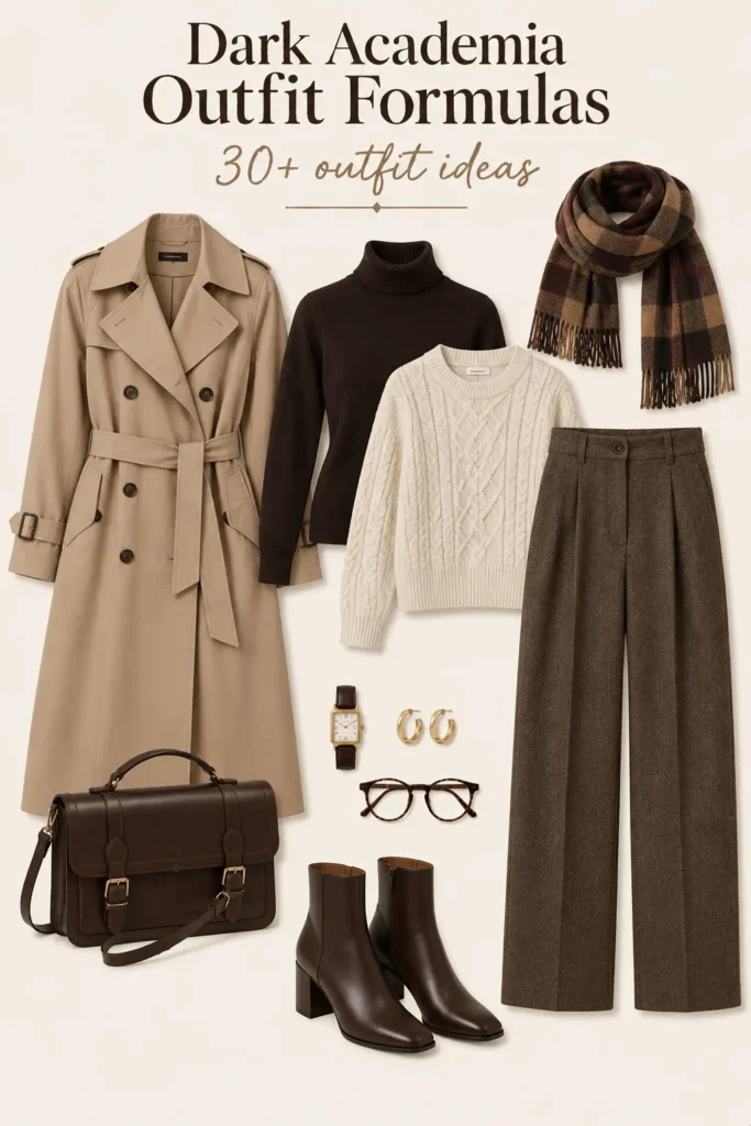 Layered dark academia outfit with turtleneck, cable-knit sweater, trench coat, tailored trousers, boots and plaid scarf
