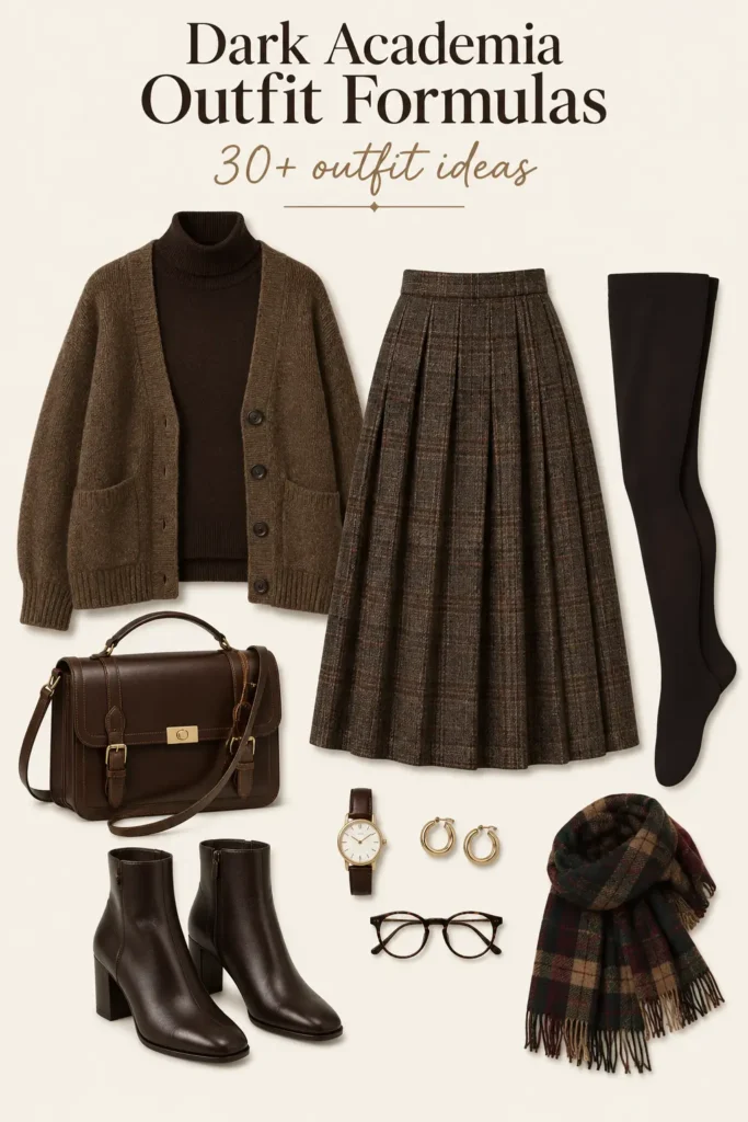Dark academia outfit with turtleneck, cardigan, plaid midi skirt, tights and ankle boots