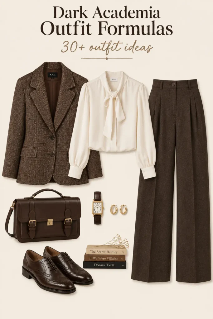 Classic dark academia outfit with cream blouse, tweed blazer, high-waisted trousers, brogues and vintage watch