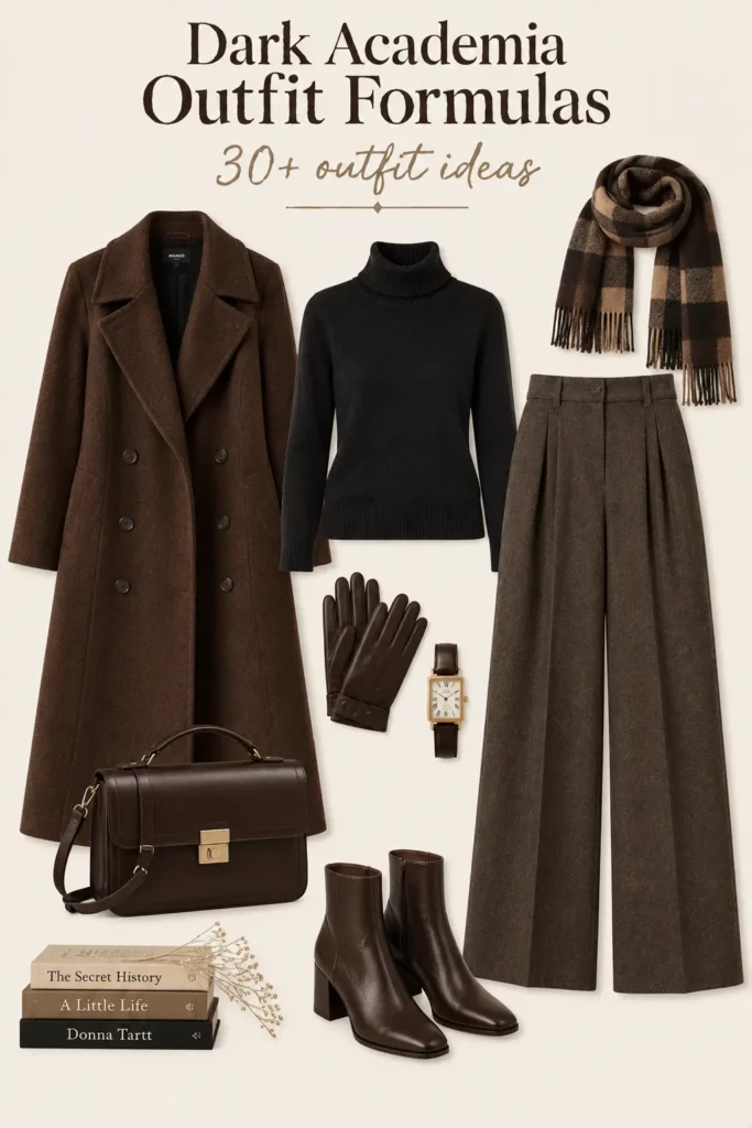 Dark academia winter outfit with turtleneck, long wool coat, wide-leg trousers, ankle boots and leather gloves