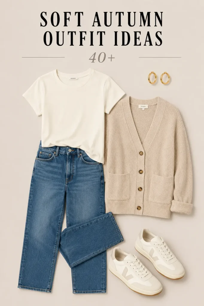 Soft Autumn outfit with ivory tee, jeans, oatmeal cardigan and cream sneakers