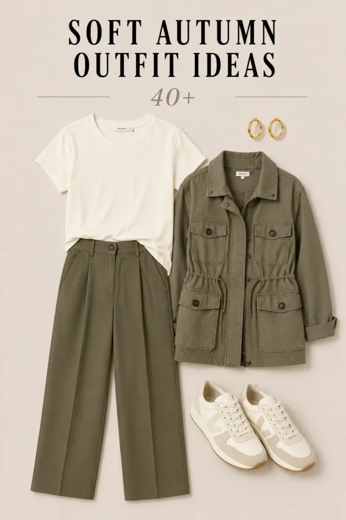 Soft Autumn outfit with ivory tee, olive trousers, utility jacket and cream sneakers
