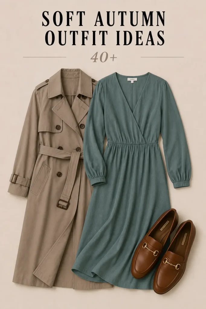 Soft Autumn outfit with muted teal dress, warm taupe trench coat and cognac loafers