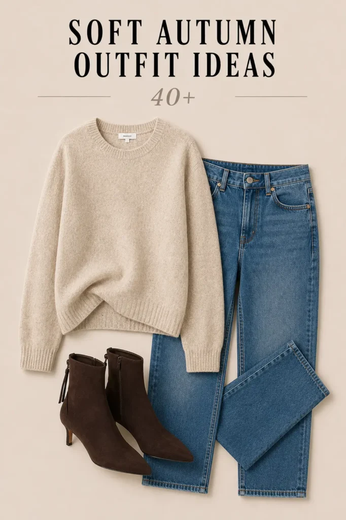 Soft Autumn outfit with oatmeal knit top, jeans and chocolate ankle boots