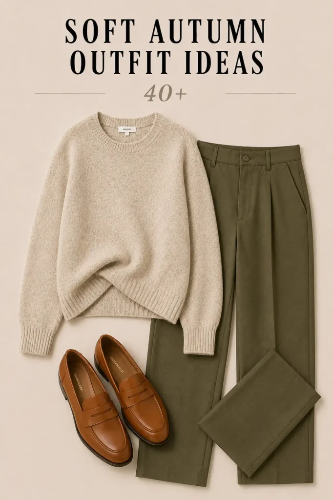 Soft Autumn outfit with sage blouse, warm taupe trousers and camel blazer