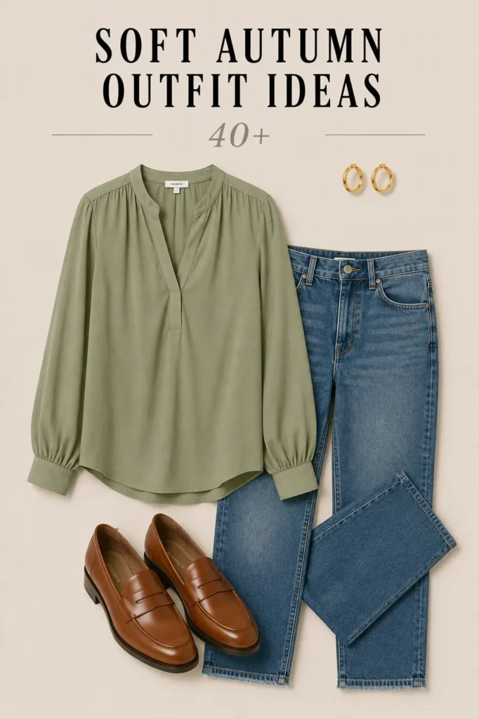 Soft Autumn outfit with sage blouse, straight-leg jeans and cognac loafers