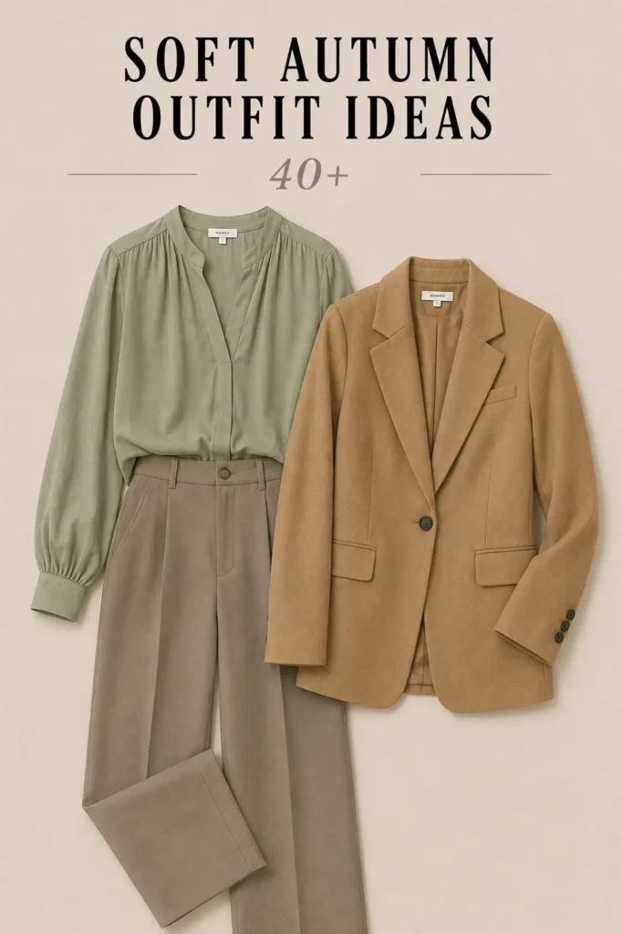 Soft Autumn outfit with oatmeal knit top, olive trousers and cognac loafers