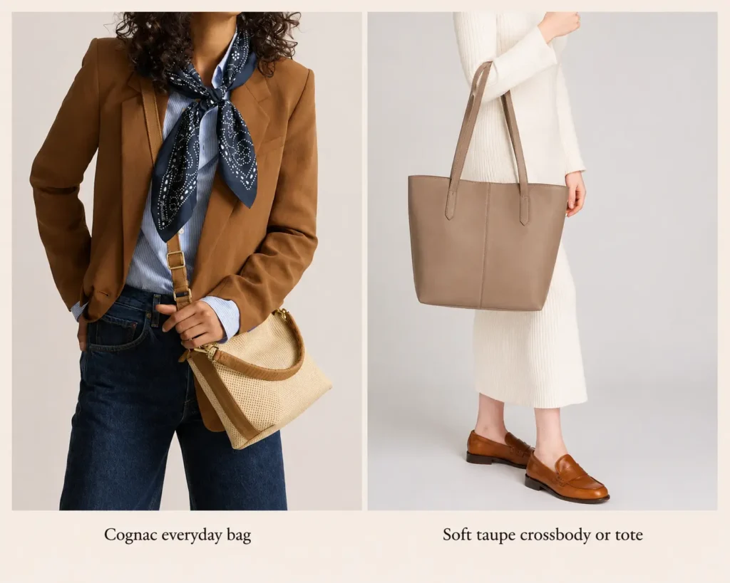 Soft Autumn capsule wardrobe accessories featuring a cognac everyday bag and soft taupe tote