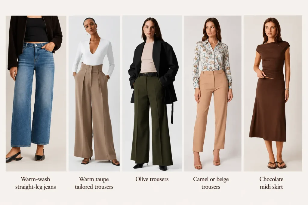 Soft Autumn capsule wardrobe bottoms with warm-wash jeans, taupe trousers, olive trousers, camel trousers and chocolate midi skirt