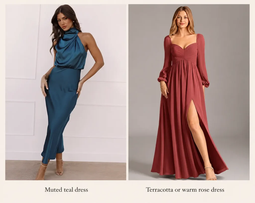 Soft Autumn capsule wardrobe dresses in muted teal and terracotta warm rose
