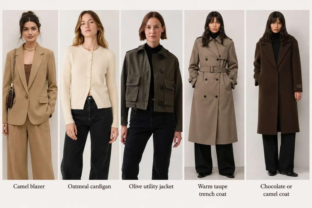 Soft Autumn capsule wardrobe layers including camel blazer, oatmeal cardigan, olive utility jacket, taupe trench and chocolate coat