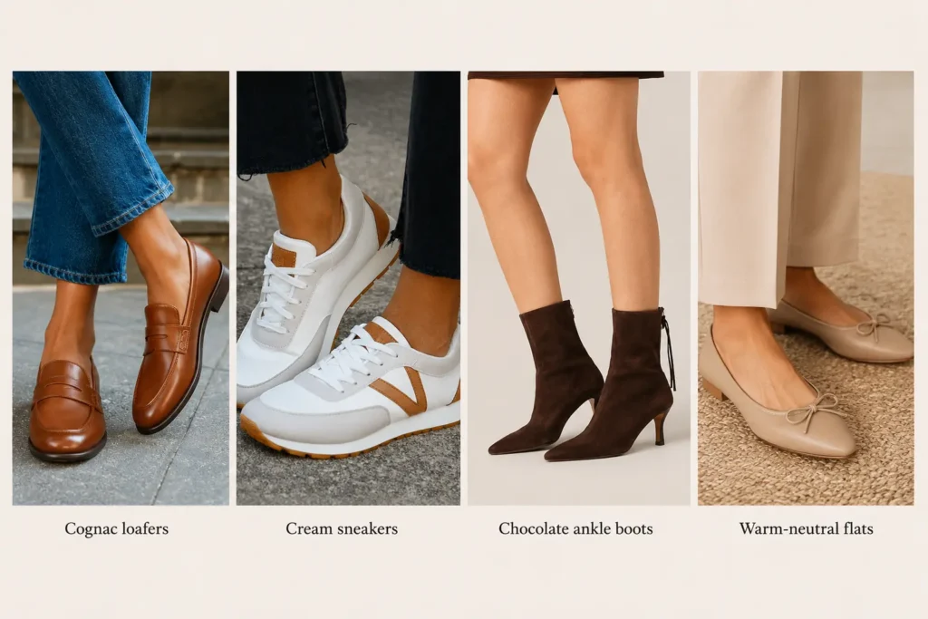 Soft Autumn capsule wardrobe shoes including cognac loafers, cream sneakers, chocolate ankle boots and warm neutral flats