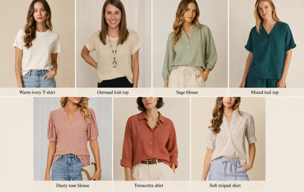 Soft Autumn capsule wardrobe tops in warm ivory, oatmeal, sage, muted teal, dusty rose, terracotta and soft stripes