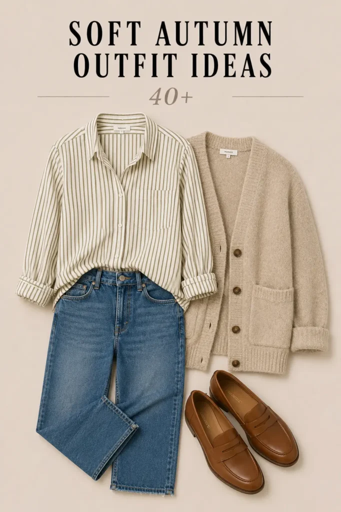 Soft Autumn outfit with striped shirt, jeans, oatmeal cardigan and cognac loafers