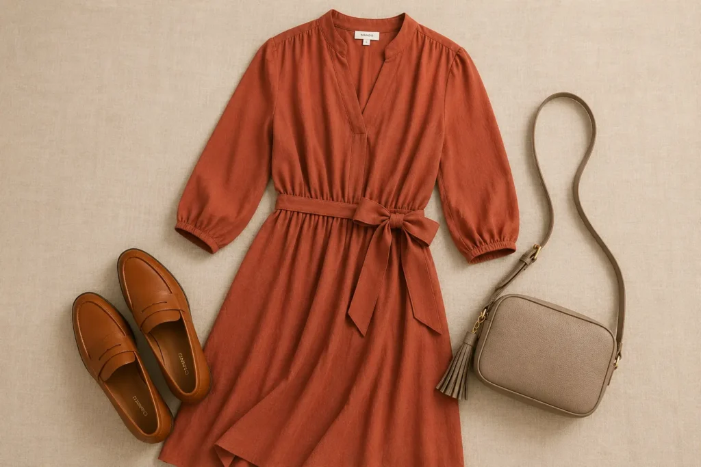 Soft Autumn outfit with terracotta dress, cognac loafers and soft taupe crossbody bag