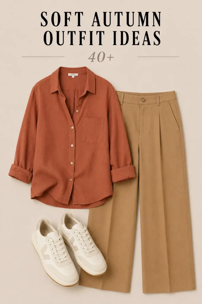 Soft Autumn outfit with terracotta shirt, camel trousers and cream sneakers