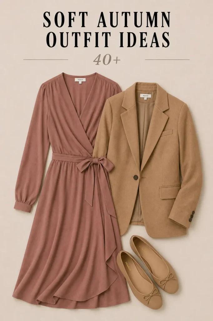 Soft Autumn outfit with warm rose dress, camel blazer and warm-neutral flats