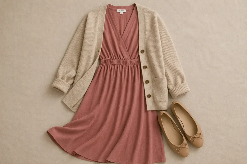 Soft Autumn outfit with warm rose dress, oatmeal cardigan and warm-neutral flats