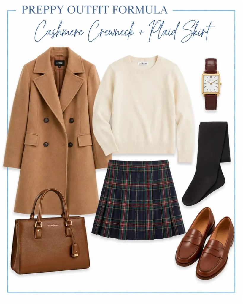 1. Cashmere crewneck + plaid skirt + tights + loafers + camel coat