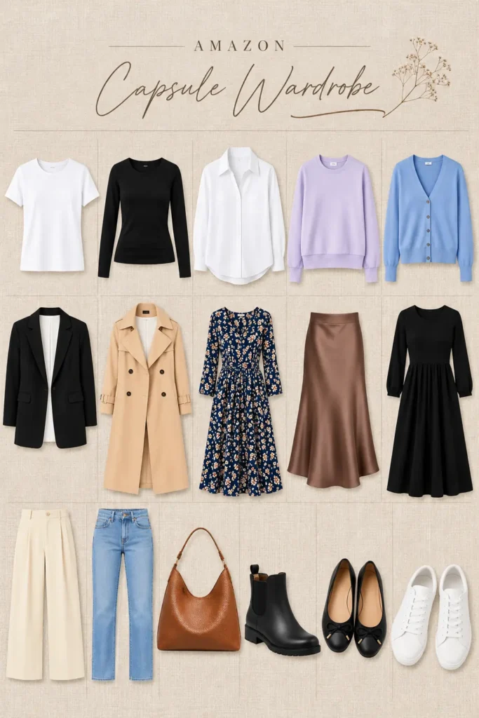 Amazon capsule wardrobe featuring 15 essential pieces, including basic tops, sweaters, cardigan, blazer, jeans, trousers, dresses, trench coat, tote bag, and versatile shoes.
