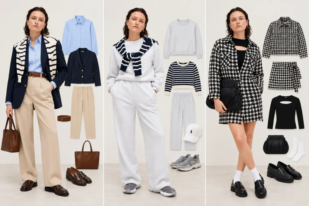 3 models wearing classic, casual and modern preppy outfits