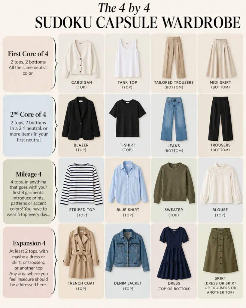 4×4 Sudoku Capsule Wardrobe infographic showing 16 clothing essentials organized into four sections: First Core of 4, Second Core of 4, Mileage 4, and Expansion 4.