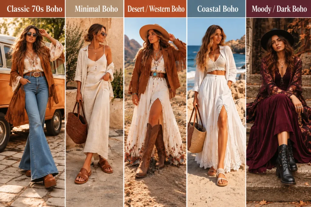 Five boho fashion sub-styles including Classic 70s, Minimal, Western, Coastal, and Dark Boho