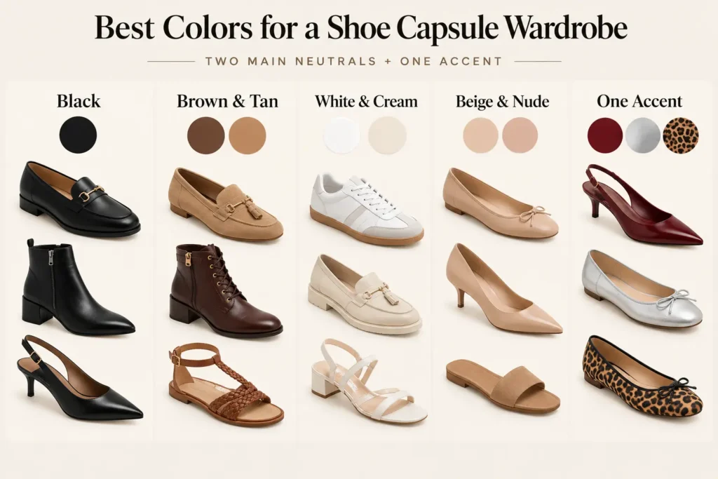 Shoe capsule wardrobe color palette with black, brown, tan, white, cream, beige, nude, and accent shoes