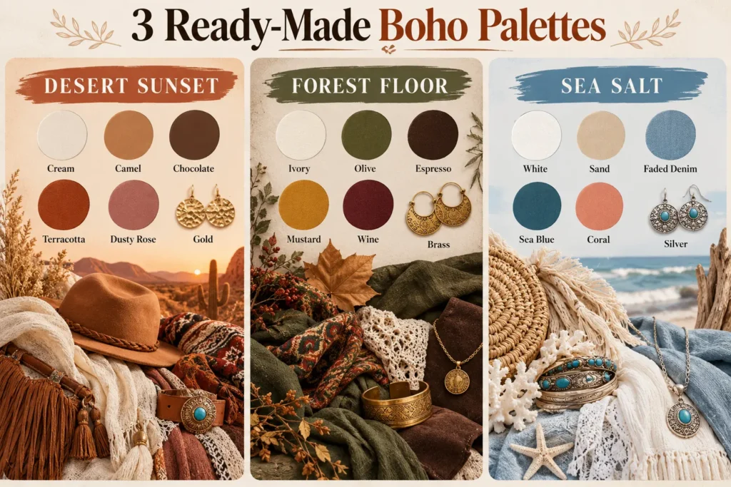 Boho capsule wardrobe color palettes featuring earthy neutrals, warm tones, blues, and seasonal accent colors