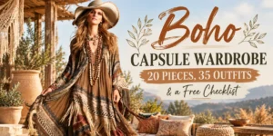 Woman wearing a layered boho outfit with a wide-brim hat and jewelry beside the text “Boho Capsule Wardrobe: 20 Pieces, 35 Outfits & a Free Checklist.”