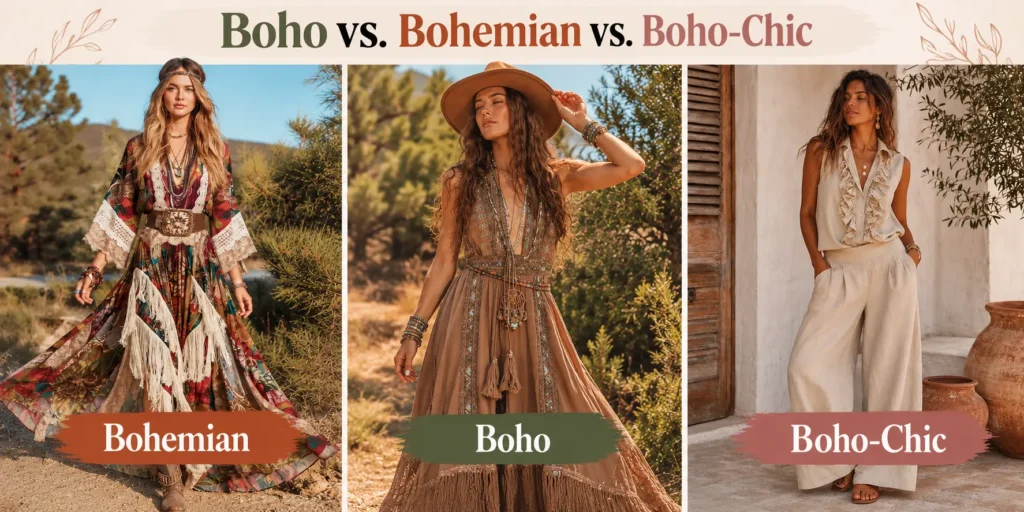 Boho vs Bohemian vs Boho-Chic fashion showing the differences between the three clothing styles